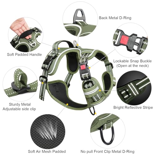 Dog Harness Small Sized, No Pull Pet Harness with Neck Lockable Snap,No Choke Front Clip Dog Reflective Vest,Adjustable Metal Rings 3 Buckles,Easy Control Handle for Small Dogs Green S - color: Lock Green, size: Small (Pack of 1)