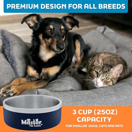 Master Pet Supply Stainless Steel Dog Bowls - 25 oz, Heavy Duty - Navy Blue, Double Wall Extra-Thick Insulated, Non-Slip Pet Water Bowl for Dogs, Cats & Pets, Anti Rust Metal, Dish Washer Safe - color: Navy Blue, size: 3 Cups (25 oz)