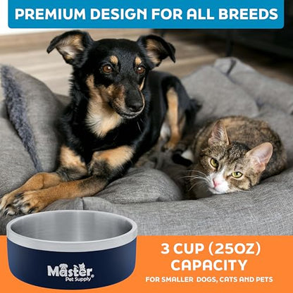 Master Pet Supply Stainless Steel Dog Bowls - 25 oz, Heavy Duty - Navy Blue, Double Wall Extra-Thick Insulated, Non-Slip Pet Water Bowl for Dogs, Cats & Pets, Anti Rust Metal, Dish Washer Safe - color: Navy Blue, size: 3 Cups (25 oz)