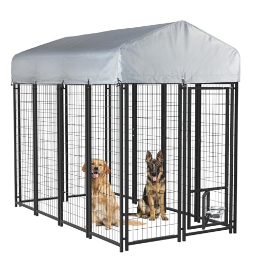 LEMBERI Large Outdoor Dog Kennel 8x4x6 FT, Escape-Proof Dog Run with Double-Latch Gate, Heat-Reflective Sunshade Cover & 2 Stainless Steel Bowls, Heavy Duty Galvanized Steel Dog Cage Enclosure - size: 93.8"L x 50.3"W x 68.8"H