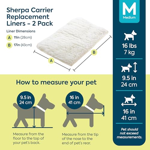 Sherpa Replacement Liners for Travel Pet Carriers - Soft Absorbent Cat & Dog Kennel Pad with Waterproof Backing, Machine Washable Crate Pads, 16.5x11.25in - 2 Pack, White, Medium - size: 2 Count (Pack of 1)