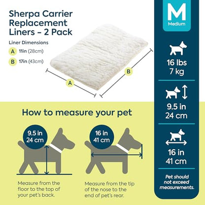 Sherpa Replacement Liners for Travel Pet Carriers - Soft Absorbent Cat & Dog Kennel Pad with Waterproof Backing, Machine Washable Crate Pads, 16.5x11.25in - 2 Pack, White, Medium - size: 2 Count (Pack of 1)