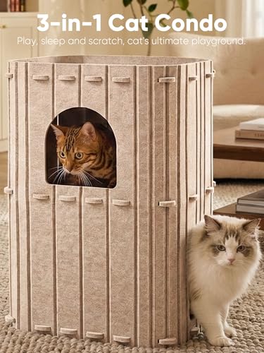 FUKUMARU Cat House for Indoor Cats, 23.62 Inch Large Cat Bed Cave Condo, 2-Storey Cozy Felt Covered Cats Tunnel Kitten Hideaway for Multicats, Scratch Resistant, Beige