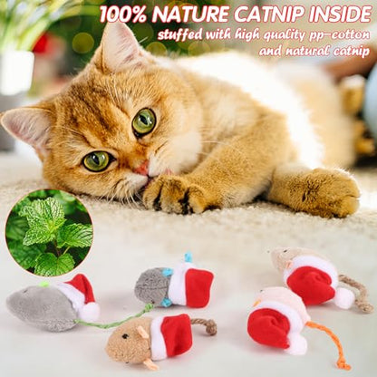FOIMAS 6pcs Christmas Catnip Toys,Xmas Cat Toys Plush Mouse Interactive Chew Bite Toys for Cat Kitten Indoor - color: red xmas