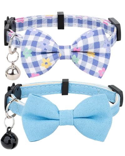 Cat Collar with Bow Tie Bell Breakaway Bowtie 2pcs Set Spring Plaid Flower Floral Solid Boy Girl Cute Kitten Safety B [Plaid & Solid] Blue - color: B [Plaid & Solid] Blue