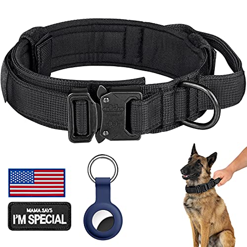 DAGANXI Tactical Dog Collar, Adjustable Military Training Nylon Dog Collar with Control Handle and Heavy Metal Buckle for Medium and Large Dogs, with Patches and Airtags Case (S, Black) - color: Black, size: S