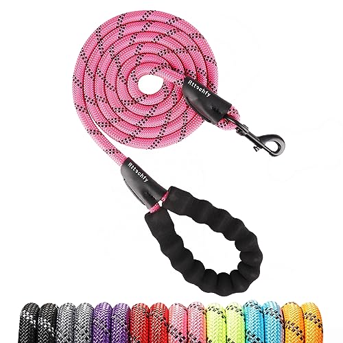 Rttochfy Rope Dog Leash 2/4/5/6/8/10 FT with Comfortable Padded Handle and Highly Reflective Threads for Small Medium and Large Dogs Heavy Duty (1/2"-8 FT, Pink) - color: Pink, size: XXL (1/2'' x 8 FT)