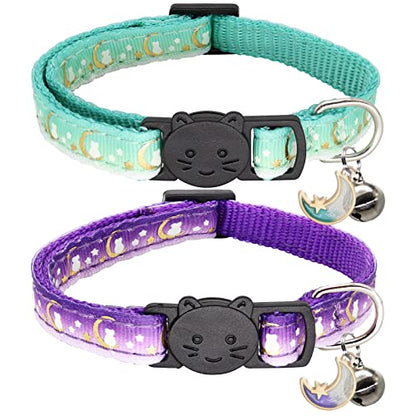 2 Pack Breakaway Cat Collar with Bells,Adjustable Moon and Star Kitten Safety Collars for Boys & Girls,Purple+Teal - color: Teal+Purple
