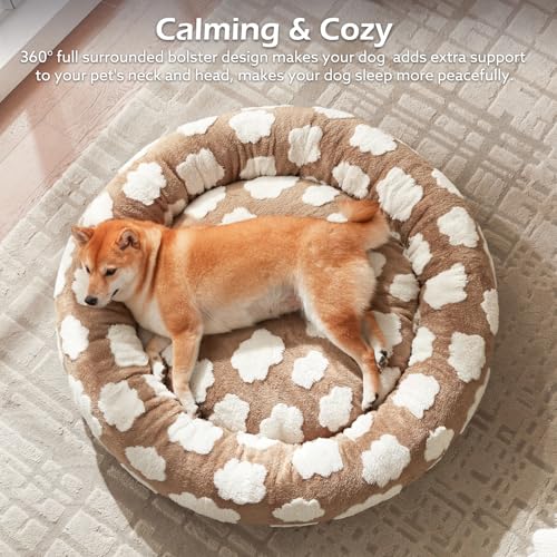 JOEJOY Donut Dog Bed Medium Size Dog, Cute Round Calming Pet Bed with Removable Washable Cover, Orthopedic Puppy Bed with Jacquard Shaggy Plush & Non Skid Bottom - color: Brown, size: M (30x30x8)