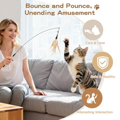 Pawaboo Feather Teaser Cat Toy - Interactive Wand with Extra Long 34.5" Wand and Small Bell, Fun Exerciser Playing Toy for Kittens or Cats, Brown Feather - color: A-Brown