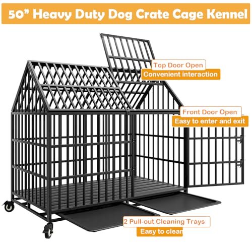 50 inch Heavy Duty Dog Crate with 4 Wheels, Indestructible Escape-Proof Dog Kennel Double Door, High Anxiety Large XXL Cage Indoor with 2 Removable Trays, Max Load Capacity 300lbs - size: 49.2"L x 29.7"W x 46.3"H