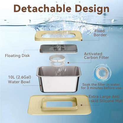 10L No Spill Dog Water Bowl, 2.6 Gal Stainless Steel No Splash Large Dog Water Bowl with Non-Slip Silicone Mat, Spill Proof Slow Drinking Pet Bowls for Messy Drinkers Indoor/Outdoor Use Beige - color: C-Beige