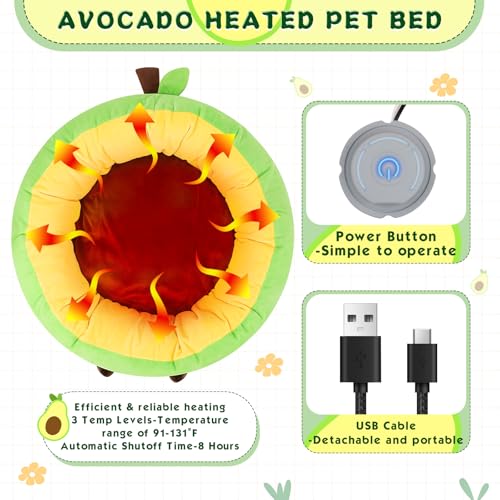 Avocado Heated Cat Bed - Cute Round Dog Bed for Winter, Warming Pet Bed for Indoor Cats & Small Dogs, Washable Calming Nest with Heating Pad & Timer, Green Pet Heating Pad for Cats and Dogs