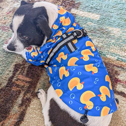 BEAUTYZOO Dog Raincoat Hooded with Harness Built-in, Slicker Poncho, Waterproof Dog Rain Coat for Winter Rainy Snowy Days, Yellow Duck, XS - color: Duck Blue, size: XS(Back 10.5", Chest 16.9", Neck 12")