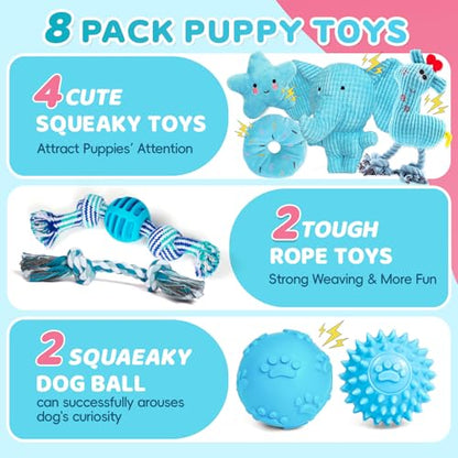 8 Pack Luxury Puppy Toys for Teething Small Dogs, Puppy Chew Toys with Squeaky Dog Toys, Balls and Rope Dog Chew Toys, Dog Toys to Keep Them Busy (Blue, 8-Pack) - color: Blue, 8-pack