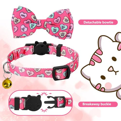 JarThenaAMCS 2Pcs Valentine Cat Collar Conversation Heart Bowtie Collar with Breakaway Bell Blue Pink Adjustable Kitten Collar for Girl Boy Cat Small Pet - style: Conversation Heart