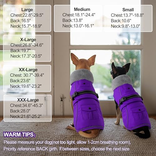 Dog Coat with Pocket, Waterproof Dog Jacket with Adjustable Buckle, Reflective Puppy Winter Coat Warm Turtleneck Fleece SnowJacket for Small Medium Large Dogs - Purple M - color: Purple, size: Medium(Chest:18.1"-24.4", Back:13.8")