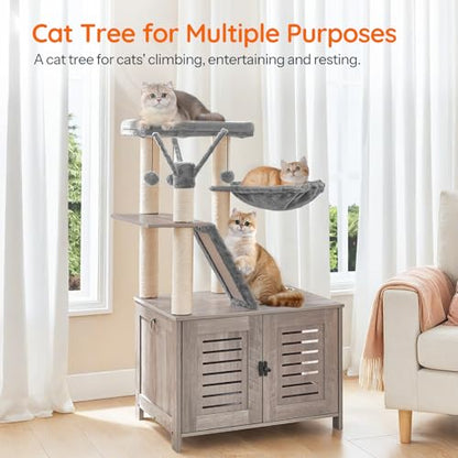 HOOBRO Cat Tree with Litter Box Enclosure, 44" Tall Wooden Cat Tower with Scratching Posts, Cat Hammock, Hidden Litter Box Furniture, All-in-One Indoor Cat Condo, Greige BG48MZ03 - color: Greige
