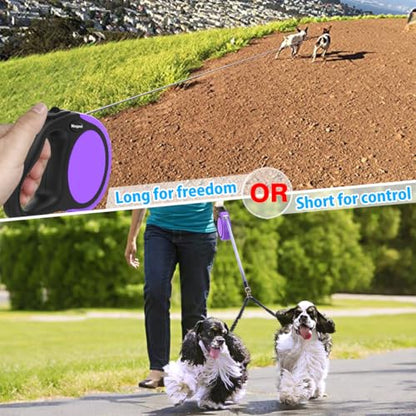 Double Retractable Dog Leash for Two Dogs Up to 110 lbs - 16 ft Coupler Leashes for Small Medium Dogs - One Locked System, Non Slip Grip, Tangle Free (Purple) - color: Purple