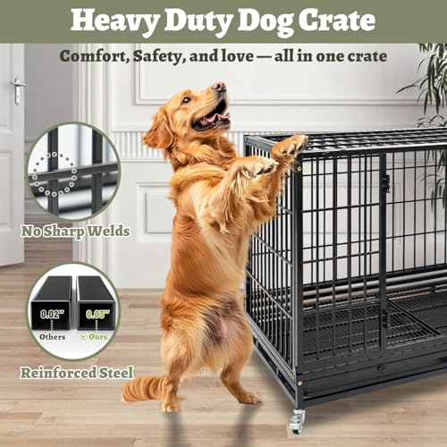 4 Pack Two Tiers 47 Inch Heavy Duty Dog Crate for Large Dogs, Stackable Chew-Proof Drop Cage for Dog with 4 Lockable Wheels, Escape Proof Auto-Lock & Buckle, Double-Access Wide Door Dog Kennel Indoor - size: 47 Inch-8 Pack