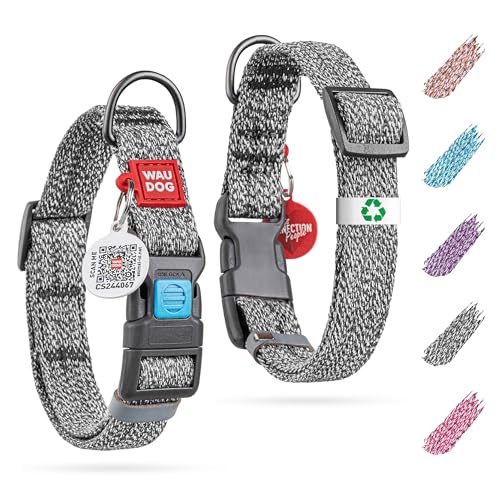 WAUDOG Reflective Cotton Dog Collar Eco-Friendly Alt to Nylon Collar for Small Medium and Large Dogs - Pet Collar with QR ID Tag - Puppy Collar for Large Breed Dogs - Adjustable Male Female Dog Collar - color: Grey, size: 10" - 16" Neck * 4/5" Wide