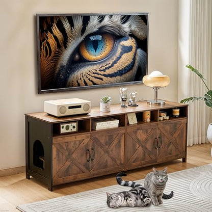 Double Cat Litter Box Enclosure for 2 Cats, 63" Hidden Litter Box Furniture with Outlet Power, Farmhouse Large Litter Box Cabinet TV Stand, 63 x 17.7 x 23.6 in, Black Brown