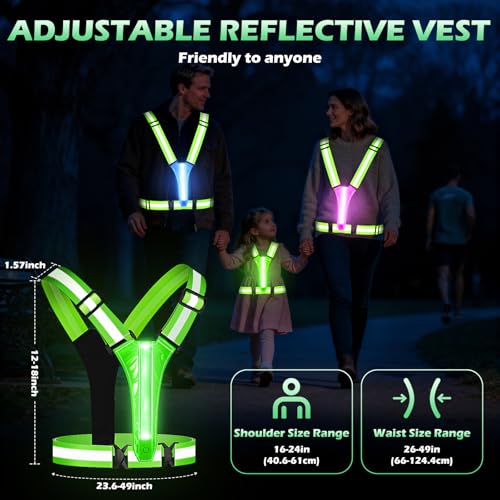 LED Reflective Running Vest - Light Up Running Vest with 3 Light Mode & 5 Colors, Reflective Vest & Running Lights for Runners, Rechargeable Night Running Gear - Reflective Belt Safety Vest