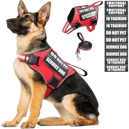 Service Dog Vest Harness and Leash Set+10 Patches,No Pull&Adjustable Reflective Dog Harness with Soft Padded Handle for Training/Everyday,Fit Small/Medium/Large/Extra-Large Dogs(Red XL) - color: Red, size: Extra-large