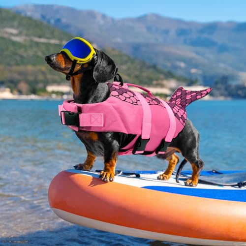 Mermaid Dog Life Jacket, Pink Ripstop Dog Life Vest for Swimming & Boating, High Buoyancy Adjustable Pet Vest with Durable Rescue Handle & D-Ring, for Small/Medium/Large Dogs (Mermaid, S) - size: Small