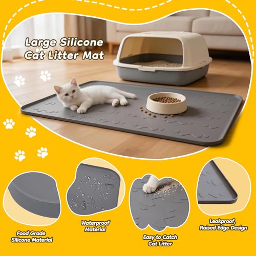 Extra Large Cat Litter Mat, 40" x 28" Cat Litter Box Mat, Silicone Litter Trapping Mat, Soft on Kitty Paws & Easy to Clean for Floor, Waterproof/Urineproof Litter Pad for Indoor Cats - size: 40" × 28"