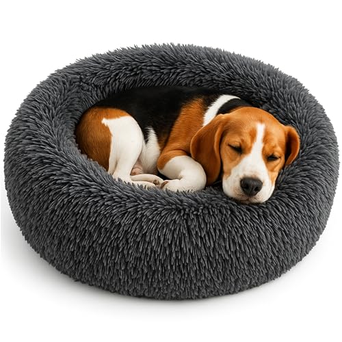 Calming Dog Bed - Fluffy Donut Cuddler for Anxiety Relief, Orthopedic Pet Bed with Non-Slip Bottom, Cozy Round Faux Fur Nest for Dogs and Cats, Plush Crate Mat for Comfort (Dark Grey, Medium) - color: Dark Grey, size: Medium
