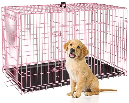 30 Inch Dog Crate,Medium Dog Crate with Double Door Divider Panel Handle,Folding Metal Wire Dog Cage Animal Crates with Plastic Leak-Proof Pan Removable Tray Pet Kennel for Indoor Outdoor Travel,Pink - color: Pink, size: 30 inch