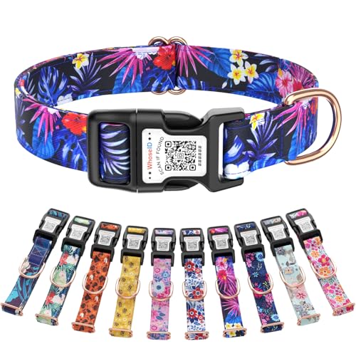 Cute Adjustable Dog Collar with QR Code Buckle - Metal Clip & Cotton Webbing Comfort Fit for Small/Puppy/Female Pets - color: Navy Tropic, size: S