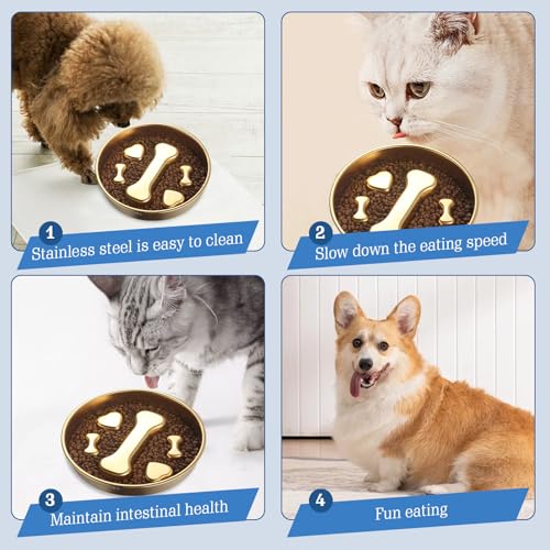 Golden Stainless Steel Slow Feeder Dog Bowls – Non-Slip Metal Dog Bowl for Large & Medium Breeds, Puppy Puzzle Feeder – 2 Cup Capacity for Small to Big Pets – Durable Slow Feed Dog & Cat Food Dish - color: Bone&Heart-Golden