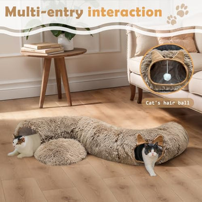 Cat Tunnel Bed for Indoor Cats, Soft Plush Donut Peekaboo Cat Cave, Multifunctional Playground Toy for Small Medium Large Cats, Kittens, Rabbits, Ferrets, with Washable Cushion (Brown) - color: Brown