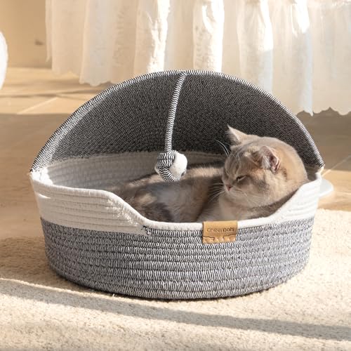 Cat Basket Bed with Washable Cushion and Ball Rope Cotton, Covered Pet Bed for Indoor Cats Cave Bed Hooded, Stimulicat Cat Bed Handwoven Breathable, All Season Universal(Blue) - color: Blue