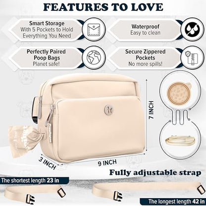Puppington 3-in-1 Crossbody Dog Treat Pouch for Pet Training - Compostable Poop Bags, Built-In Poop Bag Dispenser, Slow-Feeding Travel Dog Bowl & Reflective Leash - Dog Walking Bag (Vanilla Cream) - color: Vanilla Cream