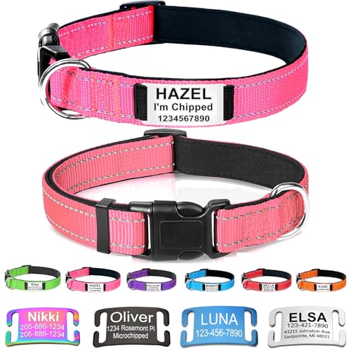 Custom Dog Collars with Name Plate, Engraved Name Plate ID Tags with Reflective Nylon Dog Collar,Soft Neoprene Padded Adjustable Pet Collar for Small Medium Large Dogs,S Pink - color: Pink, size: S(10-16") x 3/4"