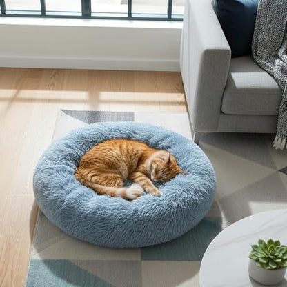 PetAmi Calming Dog Bed for Small & Medium Dogs and Cats, 23 Round Donut Dog Bed, Washable Fluffy Faux Fur Puppy & Cat Bed, Anti-Anxiety Plush Cuddler Pet Bed with Anti-Slip Bottom - Blue - color: Dusty Blue, size: Small - 23"
