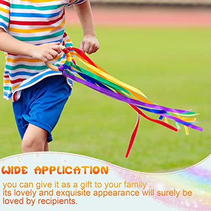 Sumind 6 Pcs Rainbow Ribbon Hand Kites Wands for Kids Dancer Streamer String Toy Thrown Waldorf Wand with Wooden Ring Wand Learning Educational(Vivid Colors) - style: Vivid Colors