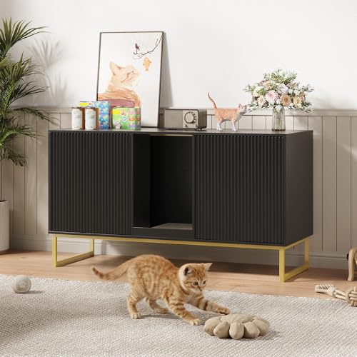 Kitty Litter Box Enclosure for 2 Cats, Small Hidden Cat Litter Box Furniture with Scratch Pad, Modern Fluted Double Litterbox Cabinet TV Stand for Kittens, Black - color: Black, size: 47.2”L x 17.7”W x 25.9”H