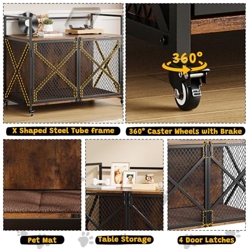 GarveeLife 41 in Dog Crate Furniture, Heavy Duty Decorative Dog Cage with Lockable 360° Wheels, Double Door Dog Kennel End Table for for Small Medium Large Dog, Rustic Brown