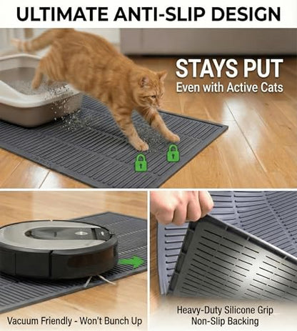 Large Cat Litter Mat: Silicone Litter Trapping Mat for Litter Box - Easy to Clean Waterproof & Anti-Slip Soft Rubber Mat - Durable Design Traps Pellet & Clay Litter - color: Grey, size: Large 32x21 Inch