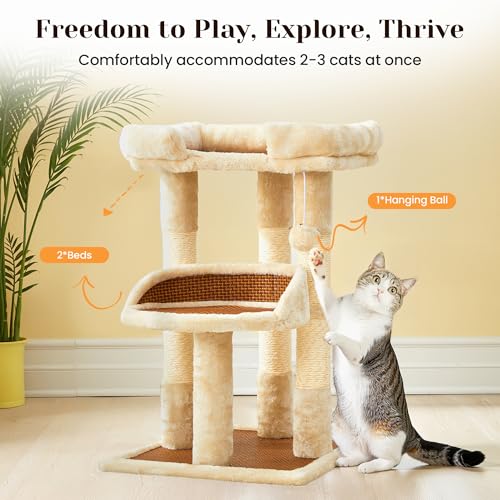 Fansafurn Multi-Level Cat Tree for Indoor Cats, Modern Cat Tower with Double Beds & Scratching Posts, 27in Cat Tree for Large Cats and Kitten, Small Cat Climbing Tower with Hanging Toys, Cream White - color: Beige
