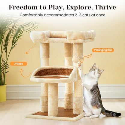 Fansafurn Multi-Level Cat Tree for Indoor Cats, Modern Cat Tower with Double Beds & Scratching Posts, 27in Cat Tree for Large Cats and Kitten, Small Cat Climbing Tower with Hanging Toys, Cream White - color: Beige