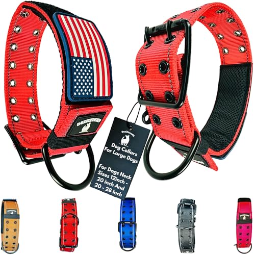 Tactical Dog Collar 2 Inch Wide Heavy Duty with Metal 2-Pin Belt Buckle for Medium, Large & XL Dogs, Thick Military-Style K9 Collar, Reflective, with Name Plate Area, USA Flag Patch, Strong & Durable - color: RED, size: 12-20 inches