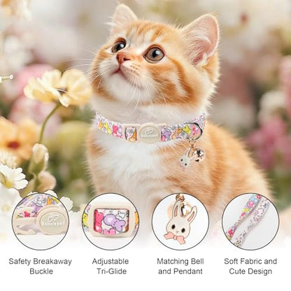 2 Pack Easter Cat Collars - Pastel Bunny&Egg Print Breakaway Easter Cat Collar with Bell & Bunny Pendant, Adjustable Cute Spring Holiday Kitten Collars for Boy Girl Cats - color: Pastel Bunny&Egg