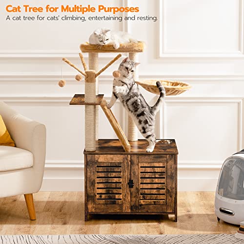 HOOBRO Cat Tree with Litter Box Enclosure, 44" Tall Wooden Cat Tower with Scratching Posts, Cat Hammock, Hidden Litter Box Furniture, All-in-One Indoor Cat Condo, Rustic Brown FG48MZ03 - color: Rustic Brown