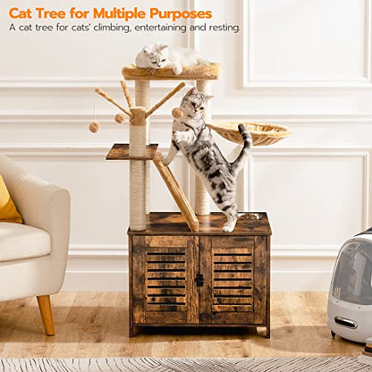 HOOBRO Cat Tree with Litter Box Enclosure, 44" Tall Wooden Cat Tower with Scratching Posts, Cat Hammock, Hidden Litter Box Furniture, All-in-One Indoor Cat Condo, Rustic Brown FG48MZ03 - color: Rustic Brown