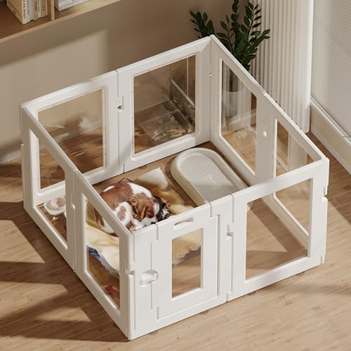 Clear Acrylic Dog Playpen Indoor, Puppy Cat Small Pet Play Pen, Easy Assemble & Disassemble Sturdy Plastic Dog Fence with Heavy Duty Door Lock (24In H, 8PCS), White - color: White, style: 8 Panels - 24 In